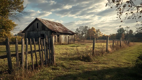 Sunlit country barn resting quietly in a golden meadow.
