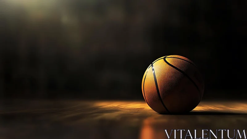 Lone basketball under dramatic spotlight on wooden court.
