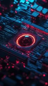 Neon core chipset with glowing circular data conduit design.