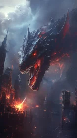 Gigantic lava-scaled dragon over burning gothic megacity