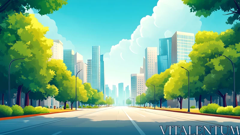 Sunlit city boulevard where trees and towers coexist peacefully.