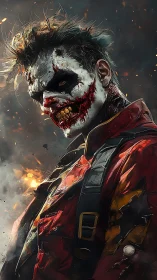 Portrait depicts armed figure with damaged clown makeup