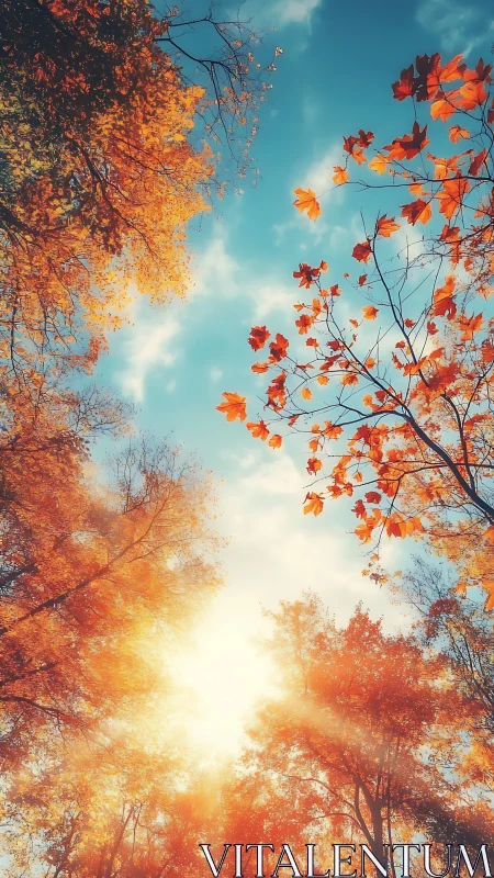 Golden autumn trees under bright sun and open blue sky.