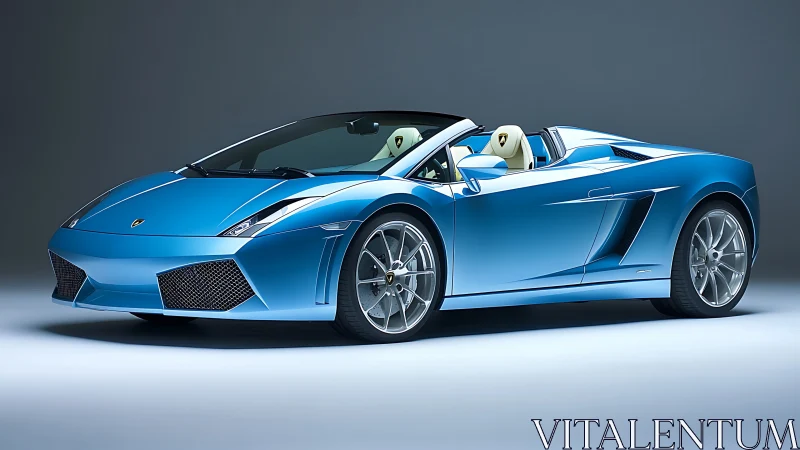 Sky blue convertible supercar basking in studio glow.