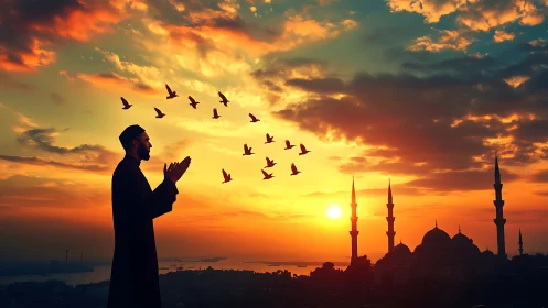 Man in prayer silhouette beside mosque under blazing sunset