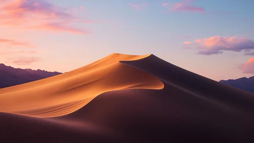 Sunlit dune crest curling under a soft pastel sky glow.