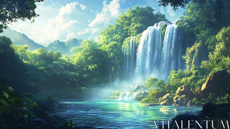 Sunlit waterfall and forest pool in dense green valley.