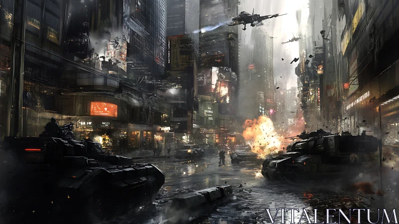 Futuristic armored assault overruns dense neon city street
