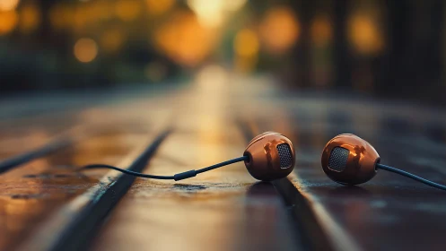 Soft copper earbuds rest on a sunlit wooden path at dusk