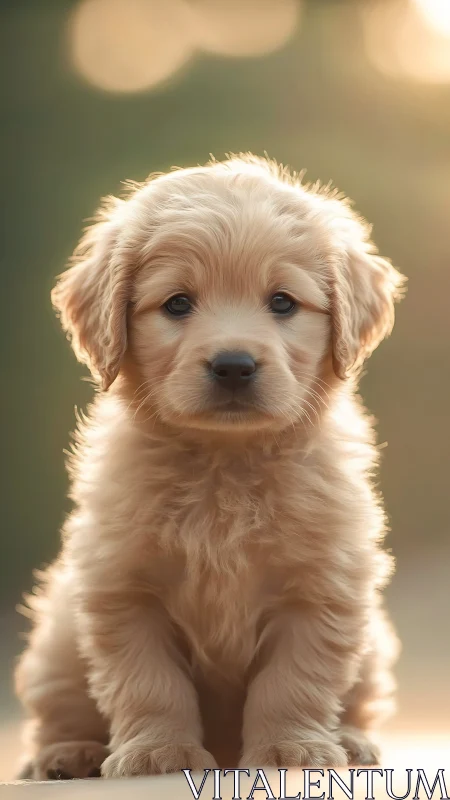 Photorealistic portrait of golden puppy in soft backlight.