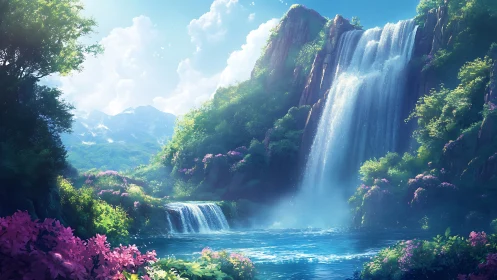 Spectral cascade over alpine basin with luminous floralscape.