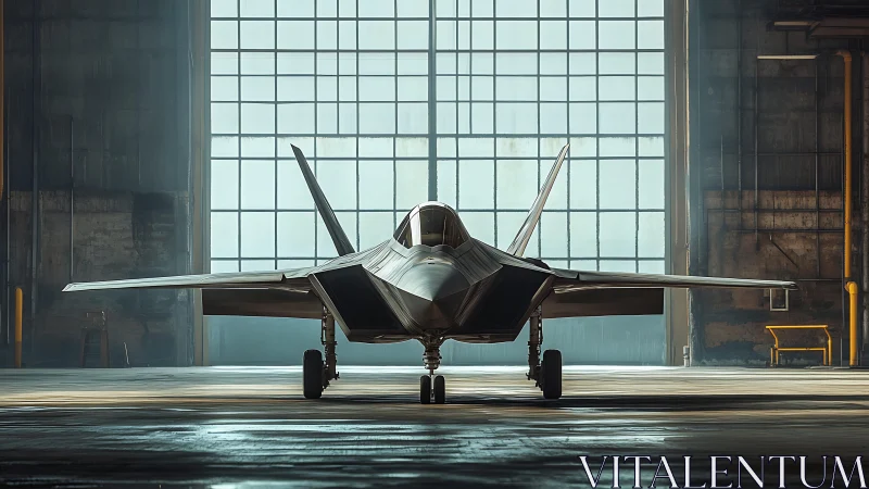 Photorealistic stealth jet centered in industrial hangar light.