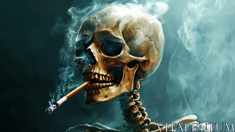 Laughing skeleton savors one last cigarette in swirling smoke