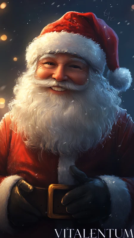 Warm, glowing Santa Claus smiles in softly falling snow