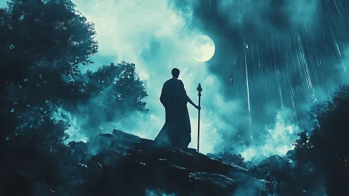 Lone robed figure confronts a stormlit moonlit sky