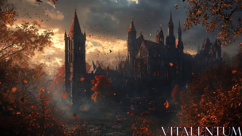 Gothic Castle at Dusk Among Autumn Flames.