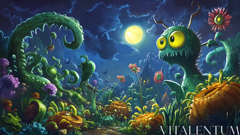 Moonlit pumpkin patch invaded by wide-eyed garden monsters.