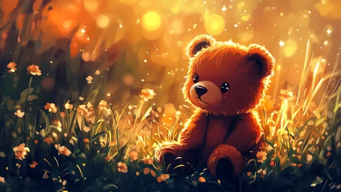 Backlit plush teddy bear rendered in warm bokeh dusk meadow