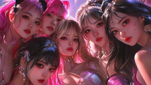 Digital portrait depicts six stylized women in close formation