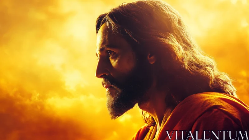 Profile view of robed man against luminous sky backdrop.