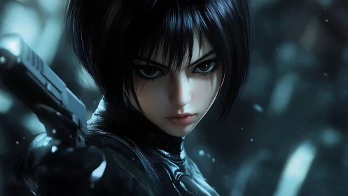 Anime tactical assassin portrait in shallow depth of field.