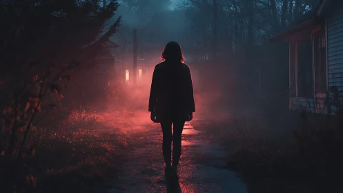 Silhouetted person stands in red fog on a suburban path
