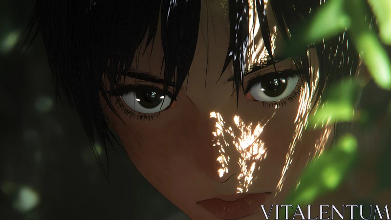 Intense anime portrait with dappled forest light reflections