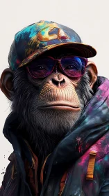 Stylized chimpanzee portrait in colorful streetwear.