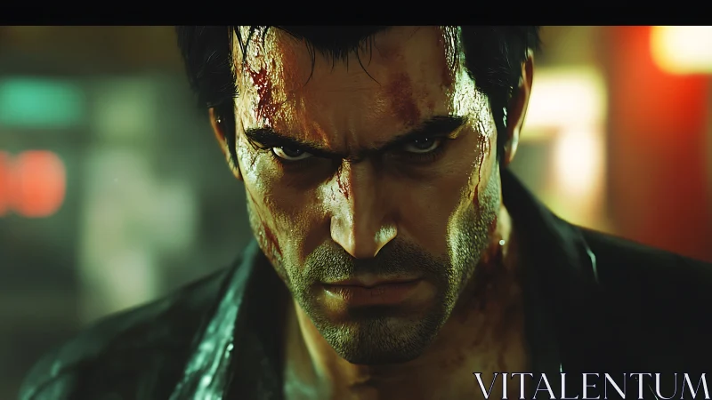 Digital close-up shows bloodied male face with intense gaze