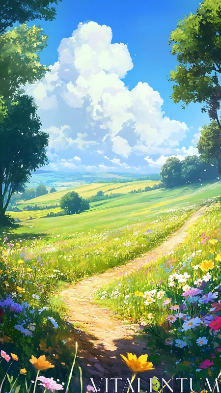 Sunlit country path through wildflower meadow under cumulus sky