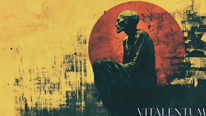 Solitary robed figure seated against rough red sun disc.