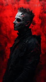 Masked figure in profile stands against textured red wall