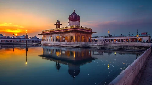 Sunset temple pavilion mirrored in tranquil sapphire waters.