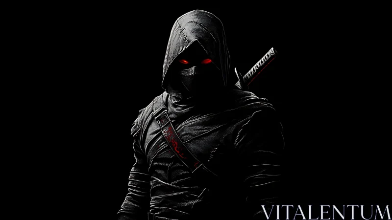 Hooded figure in tactical attire holds sheathed sword in darkness