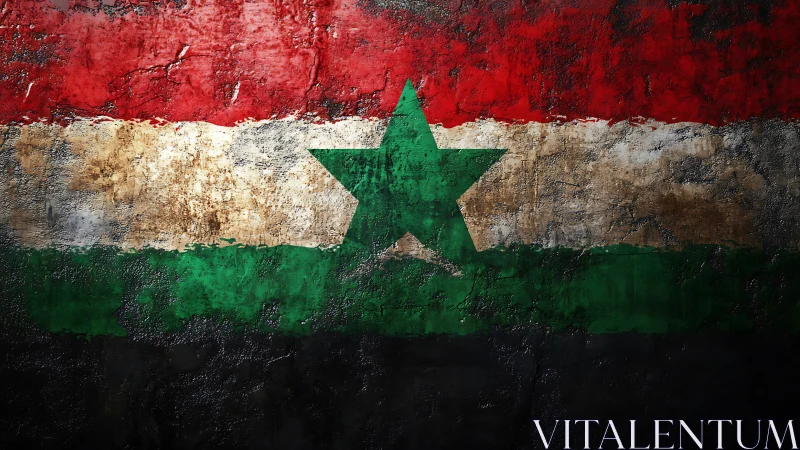 Weathered tricolor flag mural with central green star emblem.