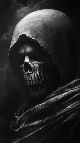 Eroded skull in tattered hood rendered with high-contrast chiaroscuro