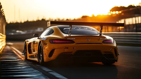 Golden Mercedes GT race car blazing along sunset circuit.