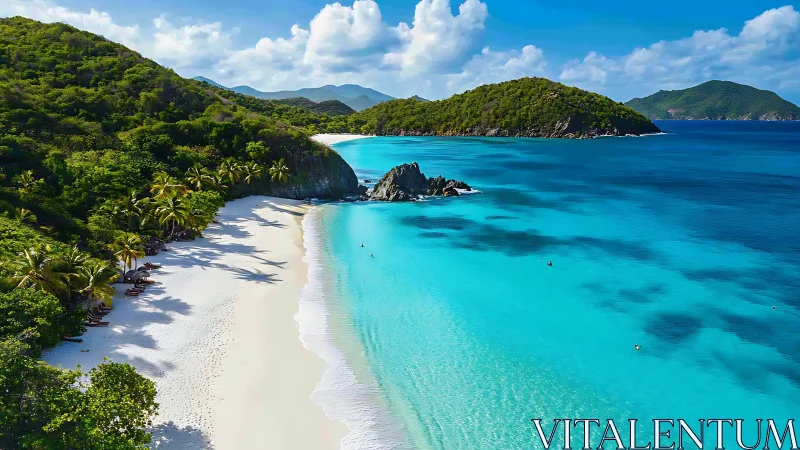 Tropical Beach Cove with Turquoise Waters and Green Island.