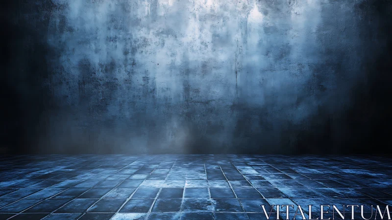 Cold industrial interior shows textured wall and tiled floor