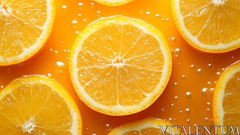 Citrus cross‑sections suspended in effervescent orange fluid.