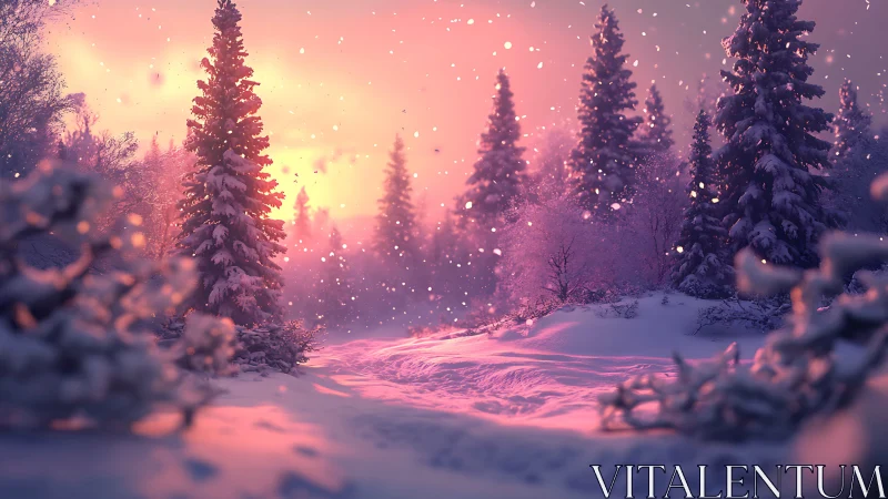 Snow-covered pine forest under pink winter sunset light