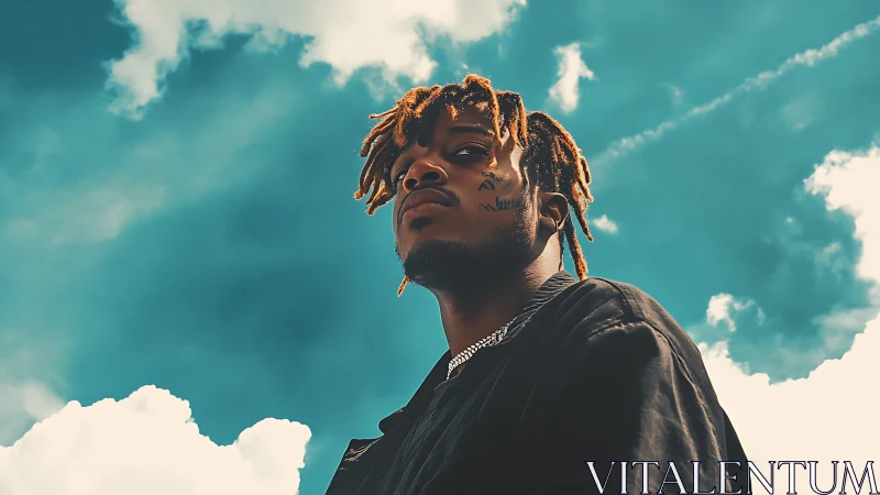 Low-angle portrait isolates subject against stylized cyan sky