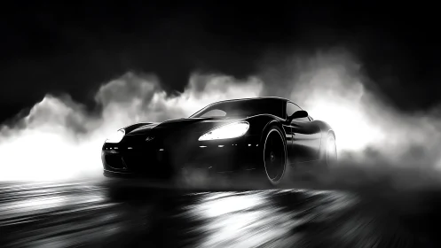 Midnight sports car cutting through illuminated drifting fog.
