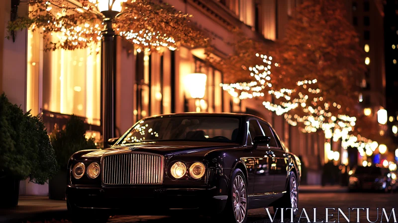 Luxury sedan under warm bokeh streetlights in shallow depth-of-field