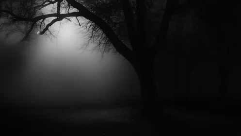 Backlit winter tree silhouette emerges through dense nocturnal fog