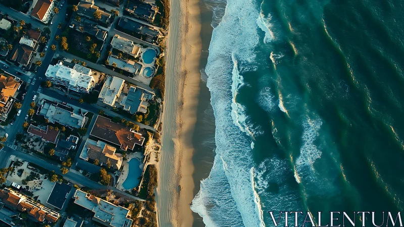 Orthographic coastal grid contrasts urban blocks with dynamic surf