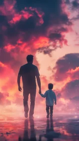 Father and child walk toward a radiant sunset sky together.