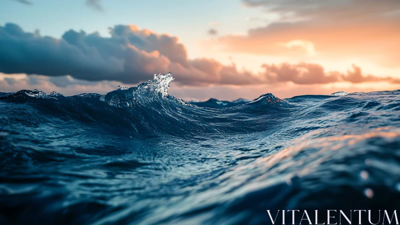 Low ocean wave surface under sunset sky with clouds.