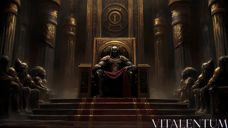 Armored warlord on monumental throne in low-key directional lighting