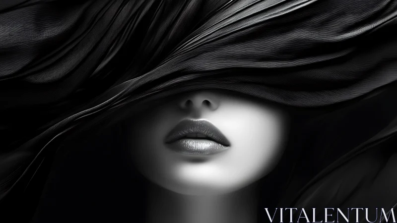 Luminous lips beneath vector-sculpted monochrome drapery.